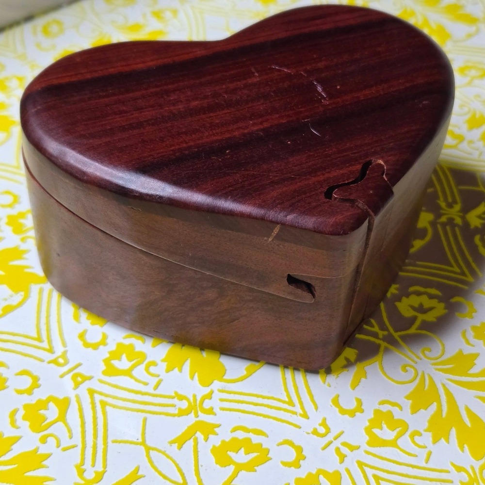 Handcrafted Wooden Heart Puzzle Box Small Brown Secret Stash - Unique - Read